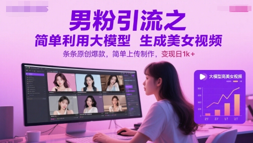 男粉引流之简单利用大模型生成美女视频，条条原创爆款，简单上传制作，变现日1k+ - 奉壹网创-奉壹网创